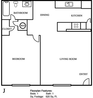 Type J One Bedroom / One Bath - 620 Sq. Ft.*