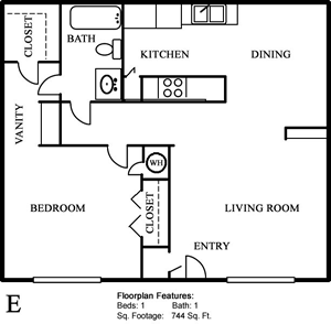 Plan E One Bedroom / One Bath - 744 Sq. Ft.*
